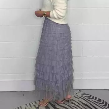 Женская юбка миди с эластичной высокой талией, многослойная сетчатая пряжа, длинная юбка, однотонная, утягивающая, универсальная юбка S хаки