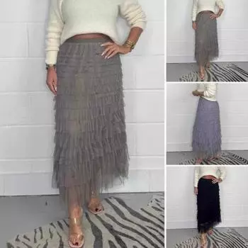 Женская юбка миди с эластичной высокой талией, многослойная сетчатая пряжа, длинная юбка, однотонная, утягивающая, универсальная юбка S хаки