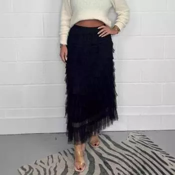 Женская юбка миди с эластичной высокой талией, многослойная сетчатая пряжа, длинная юбка, однотонная, утягивающая, универсальная юбка S хаки