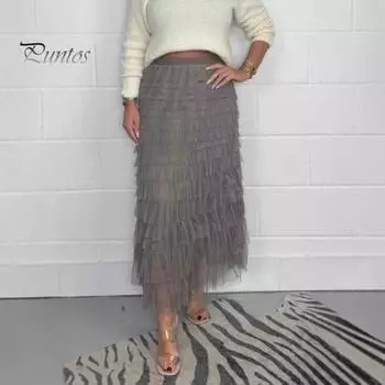 Женская юбка миди с эластичной высокой талией, многослойная сетчатая пряжа, длинная юбка, однотонная, утягивающая, универсальная юбка S хаки