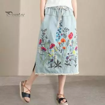 Женская юбка миди с эластичным шнурком на талии, вышитым цветочным узором, джинсовая юбка с карманами, боковые разрезы по низу юбки XXL темно-синий