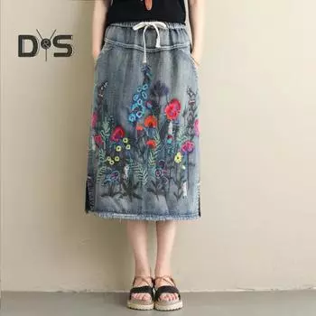 Женская юбка миди с эластичным шнурком на талии, вышитым цветочным узором, джинсовая юбка с карманами, боковые разрезы по низу юбки XXL темно-синий