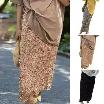 Женская юбка-миди с блестками и высокой талией, дизайн с разрезом сзади, эластичная юбка, блестящая эластичная талия L серебряный