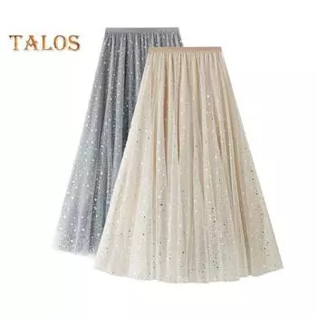 Женская юбка-миди с блестками и звездным принтом, Тюлевая юбка трапециевидной формы с эластичной резинкой на талии, кружевная плиссированная юбка, свободная юбка розовый