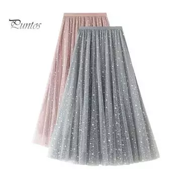 Женская юбка-миди с блестками и звездным принтом, тюлевая юбка-трапеция с эластичной резинкой на талии, кружевная плиссированная юбка, свободная юбка розовый