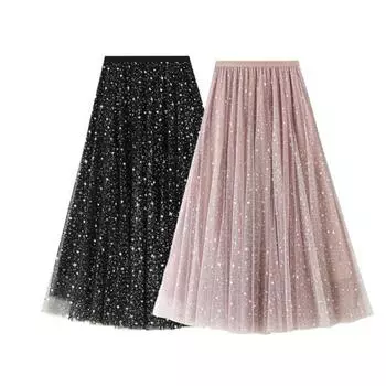 Женская юбка-миди с блестками и звездным принтом, тюлевая юбка-трапеция с эластичной резинкой на талии, кружевная плиссированная юбка, свободная юбка розовый
