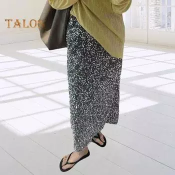 Женская юбка-миди с блестками, высокая талия, дизайн с разрезом сзади, эластичная юбка, эластичная талия, блестящая юбка до середины икры, уличная одежда L серебряный