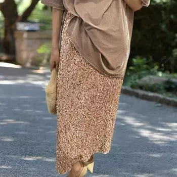Женская юбка-миди с блестками, высокая талия, дизайн с разрезом сзади, эластичная юбка, эластичная талия, блестящая юбка до середины икры, уличная одежда 2XL розовый
