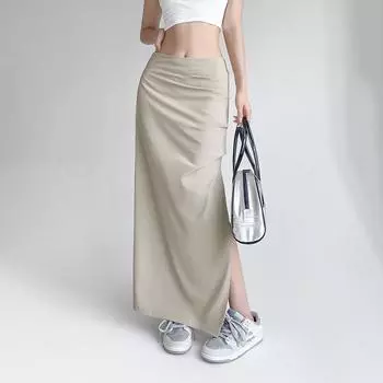 Женская юбка-миди с разрезом, летняя тонкая трапециевидная юбка с высокой талией, женская винтажная уличная одежда Y2K, повседневная сумка на бедрах цвета хаки XS хаки