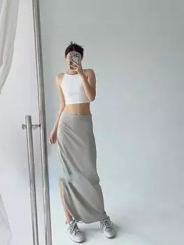 Женская юбка-миди с разрезом, летняя тонкая трапециевидная юбка с высокой талией, женская винтажная уличная одежда Y2K, повседневная сумка на бедрах цвета хаки