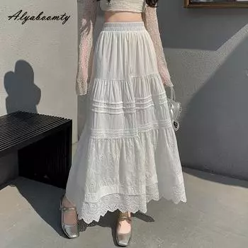 Женская юбка миди с вышивкой во французском стиле, весна-лето, с эластичной талией, милая женственная женская юбка, элегантные юбки принцессы с вырезами One Size