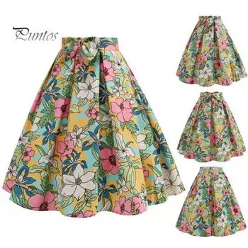 Женская юбка-миди с высокой талией, декором бантом, большая юбка по подолу с застежкой-молнией, плиссированная юбка в стиле ретро с цветочным принтом, юбка до середины икры L красный