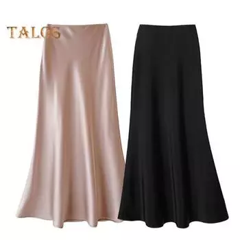 Женская юбка-миди с высокой талией, гладкая атласная юбка трапециевидной формы с рыбьим хвостом, сплошная цветная юбка с большим подолом, рабочая одежда L чёрный