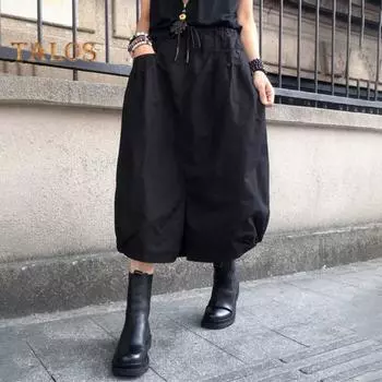 Женская юбка-миди с высокой талией и эластичным поясом, трапециевидная юбка с карманами, однотонная юбка для работы и отдыха M чёрный