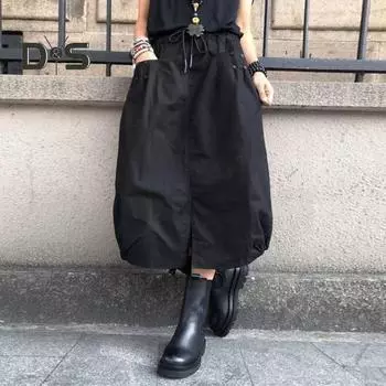 Женская юбка-миди с высокой талией и эластичным поясом, трапециевидная юбка с карманами, однотонная юбка для работы и отдыха M чёрный