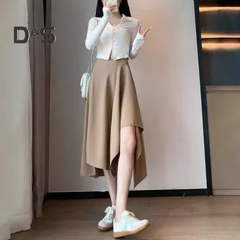 Женская юбка миди с высокой талией и неровным подолом, однотонная юбка А-силуэта средней длины с широким подолом, повседневная одежда S серый