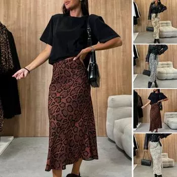 Женская юбка миди с высокой талией и леопардовым принтом, свободный крой, длина до середины икры S чёрный