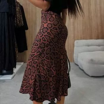 Женская юбка миди с высокой талией и леопардовым принтом, свободный крой, длина до середины икры S кофейный