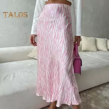 Женская юбка-миди с высокой талией, летняя юбка-трапеция с ярким полосатым принтом, тонкая юбка-рыбий хвост с застежкой-молнией для офиса, дома, отдыха L горячий розовый