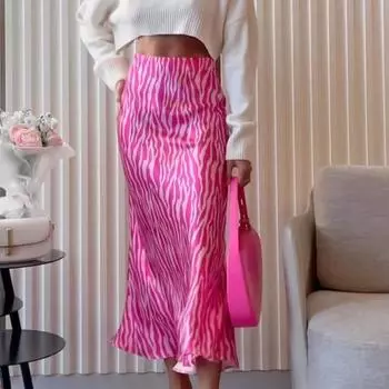Женская юбка-миди с высокой талией, летняя юбка-трапеция с ярким полосатым принтом, тонкая юбка-рыбий хвост с застежкой-молнией для офиса, дома, отдыха L горячий розовый
