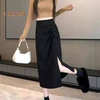 Женская юбка-миди с высокой талией, однотонная, с боковым разрезом, трапециевидная юбка с присборенными бедрами, рабочая юбка для отдыха, повседневная одежда M чёрный