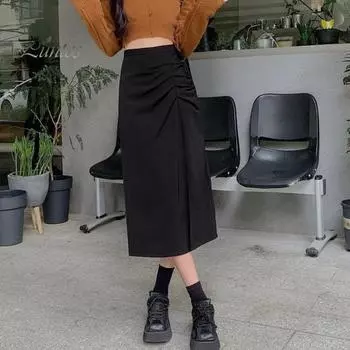 Женская юбка-миди с высокой талией, однотонная, с боковым разрезом, трапециевидная юбка с присборенными бедрами, рабочая юбка для отдыха, повседневная одежда M чёрный