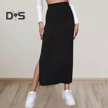 Женская юбка-миди с высокой талией, однотонная, облегающая, с разрезом по бокам, офисная женская юбка, рабочая одежда L чёрный