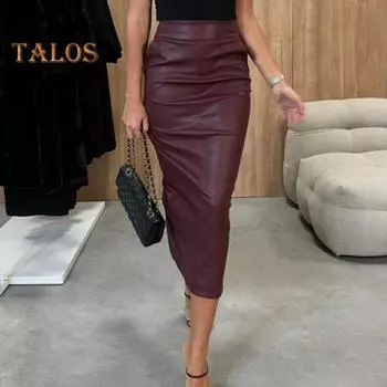Женская юбка миди с высокой талией, однотонная юбка из искусственной кожи, облегающая посадка, повседневная юбка с разрезом сзади, повседневная юбка для вечеринок, повседневная одежда S пурпурно красный