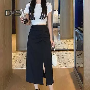 Женская юбка-миди с высокой талией, однотонная, с боковым разрезом, трапециевидная юбка с присборенными бедрами, рабочая юбка для отдыха, повседневная одежда M чёрный