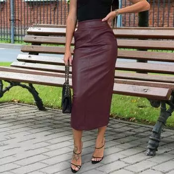 Женская юбка миди с высокой талией, однотонная юбка из искусственной кожи, облегающая посадка, повседневная юбка с разрезом сзади, повседневная юбка для вечеринок, повседневная одежда S пурпурно красный