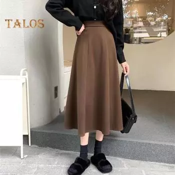 Женская юбка миди с высокой талией, юбка-трапеция, однотонная, с большим подолом, в офисном стиле, женская юбка для работы S кофейный