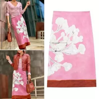 Женская юбка миди с высокой талией, юбка с запахом на бедрах, скрытая молния, розовый цветочный принт, прямая юбка, облегающая длинная юбка, уличная одежда M розовый