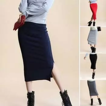 Женская юбка миди со средней посадкой, разрезом сзади, однотонная трикотажная юбка с запахом на бедрах, офисная женская юбка чёрный