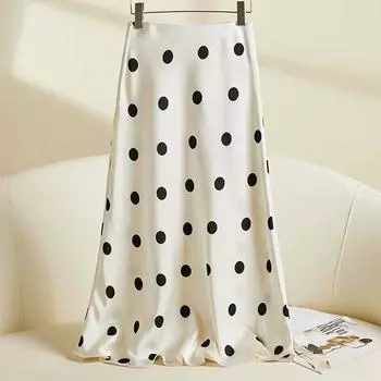 Женская юбка миди в стиле ретро, атласная, с принтом в горошек, с хвостом русалки - Коллекция Лето 2025 Small