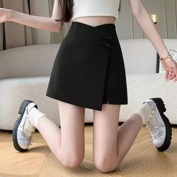 Женская юбка миди в стиле ретро с китайскими пуговицами-лягушками: Летние брюки-юбка А-силуэта с высокой талией и неровным подолом с разрезом для универсального, стройнящего стиля. 2XL