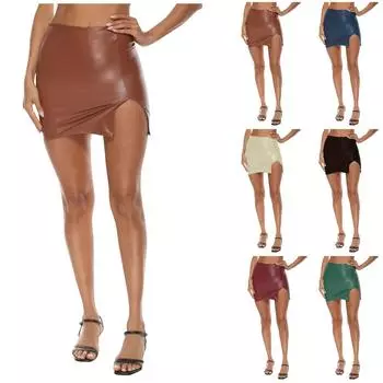 Женская юбка на молнии из искусственной кожи с асимметричным разрезом, кожаная юбка L бежевый