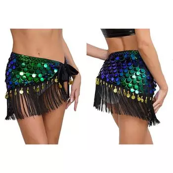 Женская юбка на шнуровке для танца живота, рыбья чешуя, блестки, бусины, бахрома, подол, хип-шарф, праздничные танцевальные костюмы для выступлений на сцене One Size чёрный