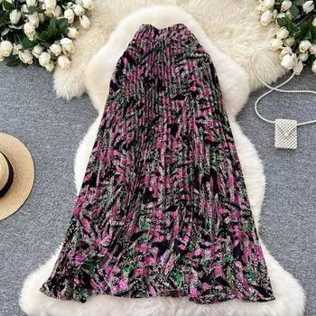 Женская юбка осенняя струящаяся юбка-зонтик с большим качелями, плиссированная юбка-трапеция с цветочным принтом One size темно-зеленого