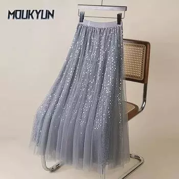 Женская юбка-пачка из сетчатой ткани Fairy Star с пайетками, блестящая длинная юбка-трапеция из тюля с эластичной резинкой на талии One Size абрикосовый