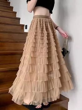 Женская юбка-пачка из сетки абрикосового цвета с несколькими слоями 2024 года — длинная, полудлинная, коллекция весна и осень. Medium (Skirt Length 85CM)
