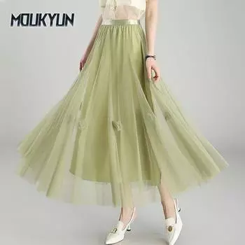 Женская юбка-пачка средней длины с цветочным принтом, корейская версия, фея, высокая талия, темперамент, большая юбка-пачка One Size чёрный