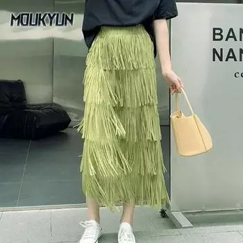 Женская юбка-плиссировка с кисточками, элегантная, с эластичной резинкой на талии, универсальная, длинная юбка А-силуэта One Size