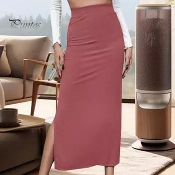 Женская юбка-полубоди с высокой талией, облегающая юбка с разрезом по низу, однотонная юбка для работы, повседневной носки, свиданий M чёрный