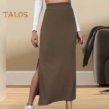 Женская юбка-полубоди с высокой талией, облегающая юбка с разрезом по низу, однотонная юбка для работы, повседневной носки, свиданий M чёрный