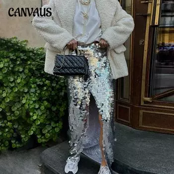 Женская юбка-полусолнце с пайетками, тренд осени и зимы, длинная юбка с бисером, модная открытая юбка S серебряный