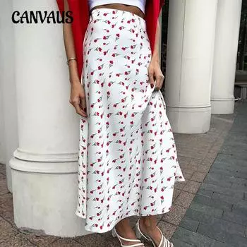 Женская юбка-полуторка с цветочным принтом, весенний темперамент, элегантная юбка-полуторка с высокой талией и принтом вишни S белый
