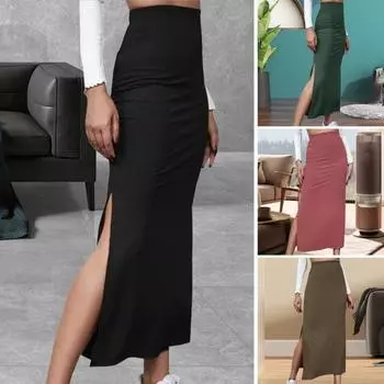 Женская юбка-полуторка с высокой талией, облегающая бедра, с разрезом по низу, однотонная юбка для работы M чёрный