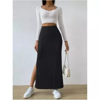 Женская юбка-полуторка весна-осень, большая длина, длинная часть, высокая талия, разрез сбоку, узкая трикотажная юбка-полуторка 5XL
