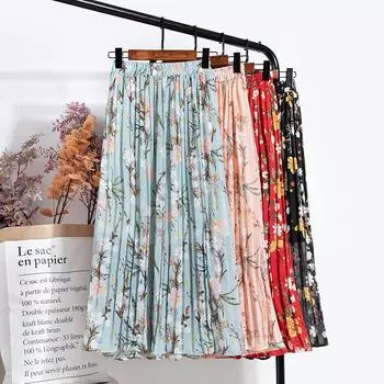 Женская юбка Qooth с цветочным принтом, летняя юбка-миди трапециевидной формы с высокой талией, пляжная шифоновая элегантная плиссированная юбка QT1378
