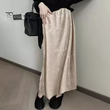 Женская юбка-рыбий хвост, эластичная юбка А-силуэта с высокой талией, длиной до середины икры, однотонная бархатная юбка с широким подолом, повседневная одежда L абрикосовый